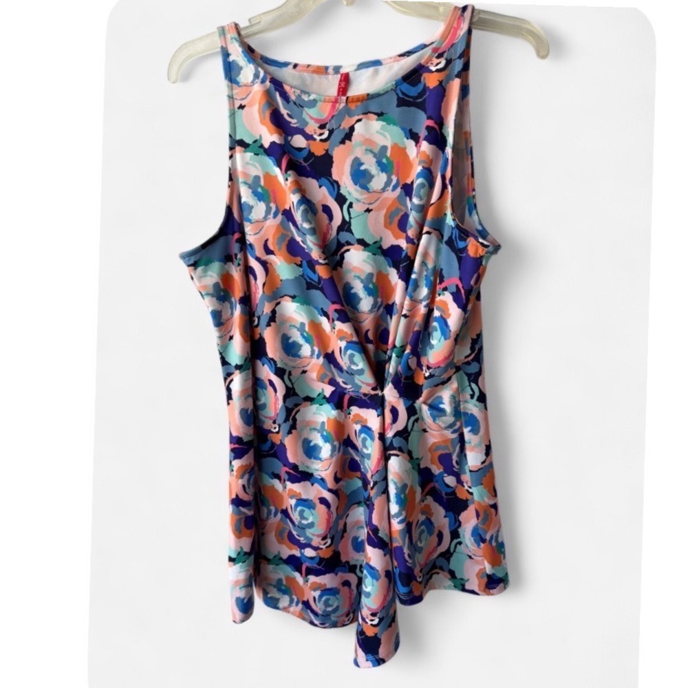 Ruby Ribbon Sleeveless Floral Abstact Asymmetrical Top Blue Coral Medium